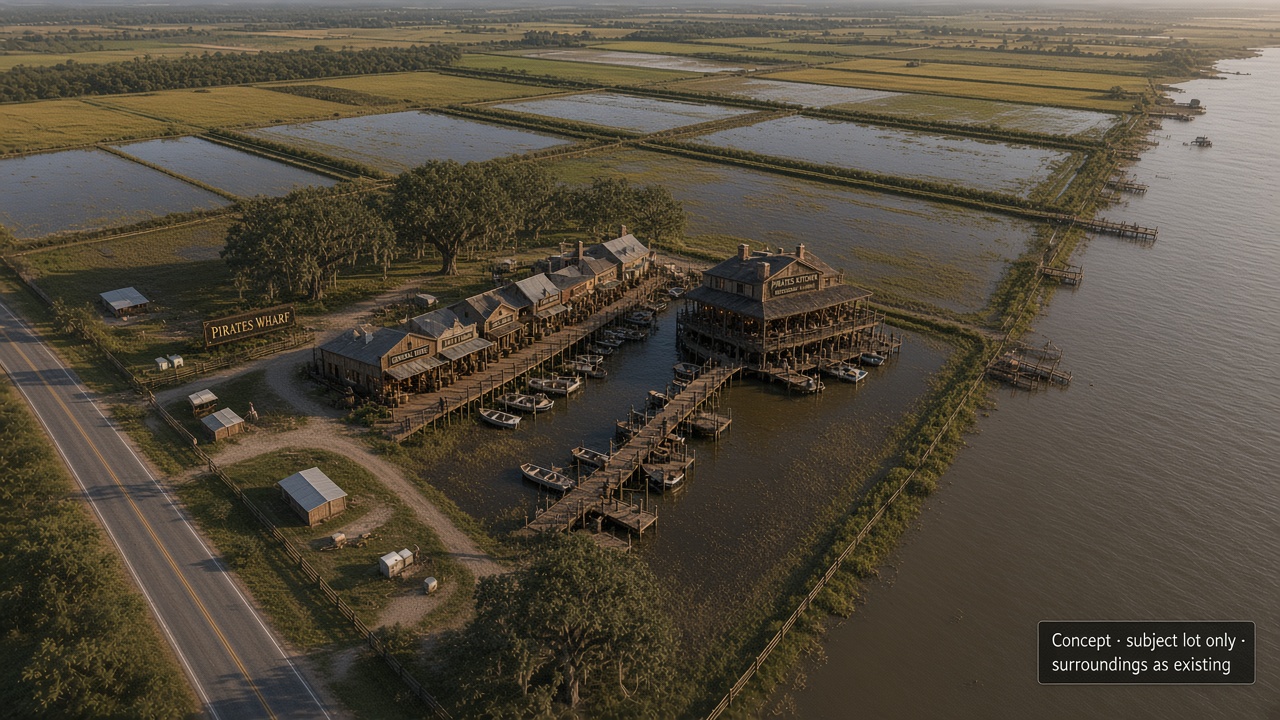 Concept aerial rendering of a timber wharf village between Louisiana Highway 333 and the Vermilion River