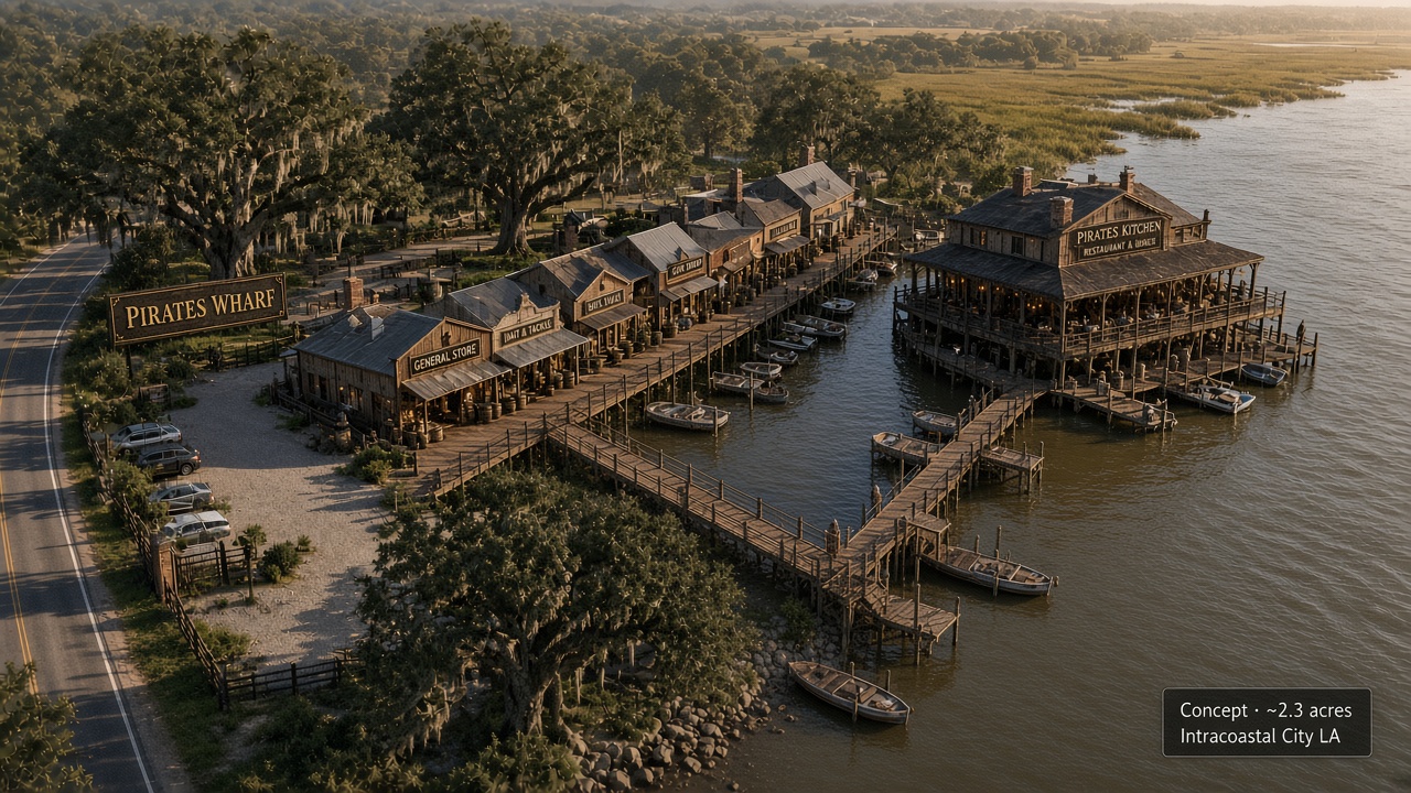 Concept rendering looking along the central boat channel toward the riverfront restaurant