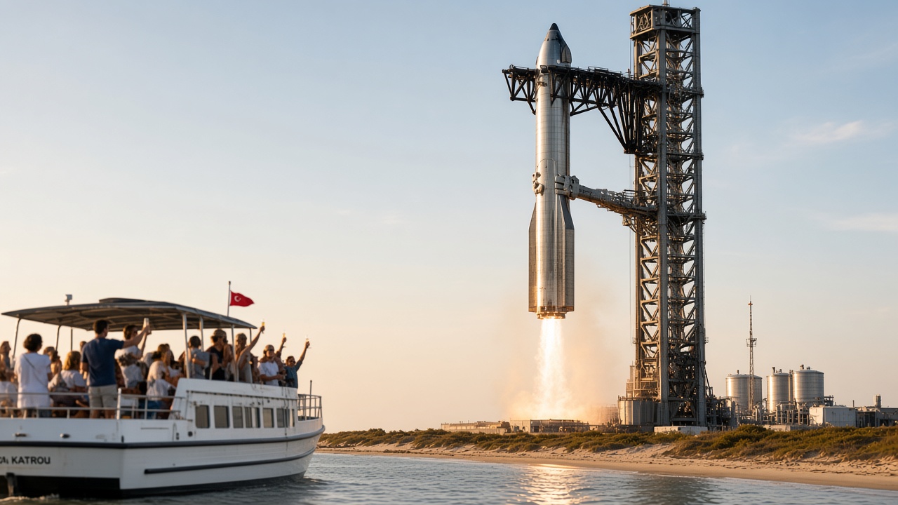 Concept visualization of guests cheering with champagne from a tour boat as mechanical chopsticks catch a booster beside coastal tanks