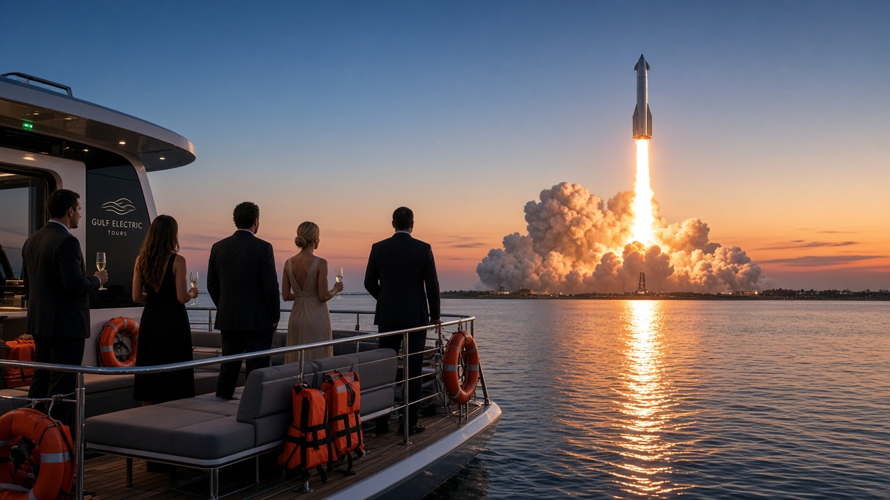 Concept visualization of guests toasting with champagne aboard a luxury electric boat while watching a Gulf of America rocket launch at sunset