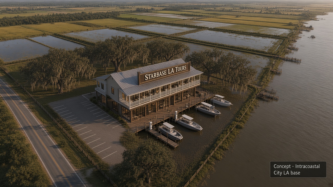 Concept rendering of a boutique waterfront lodge and dock storefront on a Louisiana Intracoastal City lot