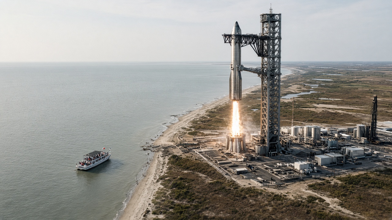 Concept visualization of an electric tour boat offshore on the Gulf of America with coastal launch infrastructure on the horizon